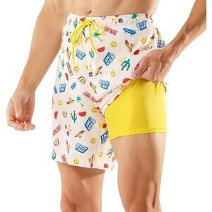 BRISIRA Mens Swim Trunks Bathing Suit 7" Inseam Compression Yellow White, Sz XL